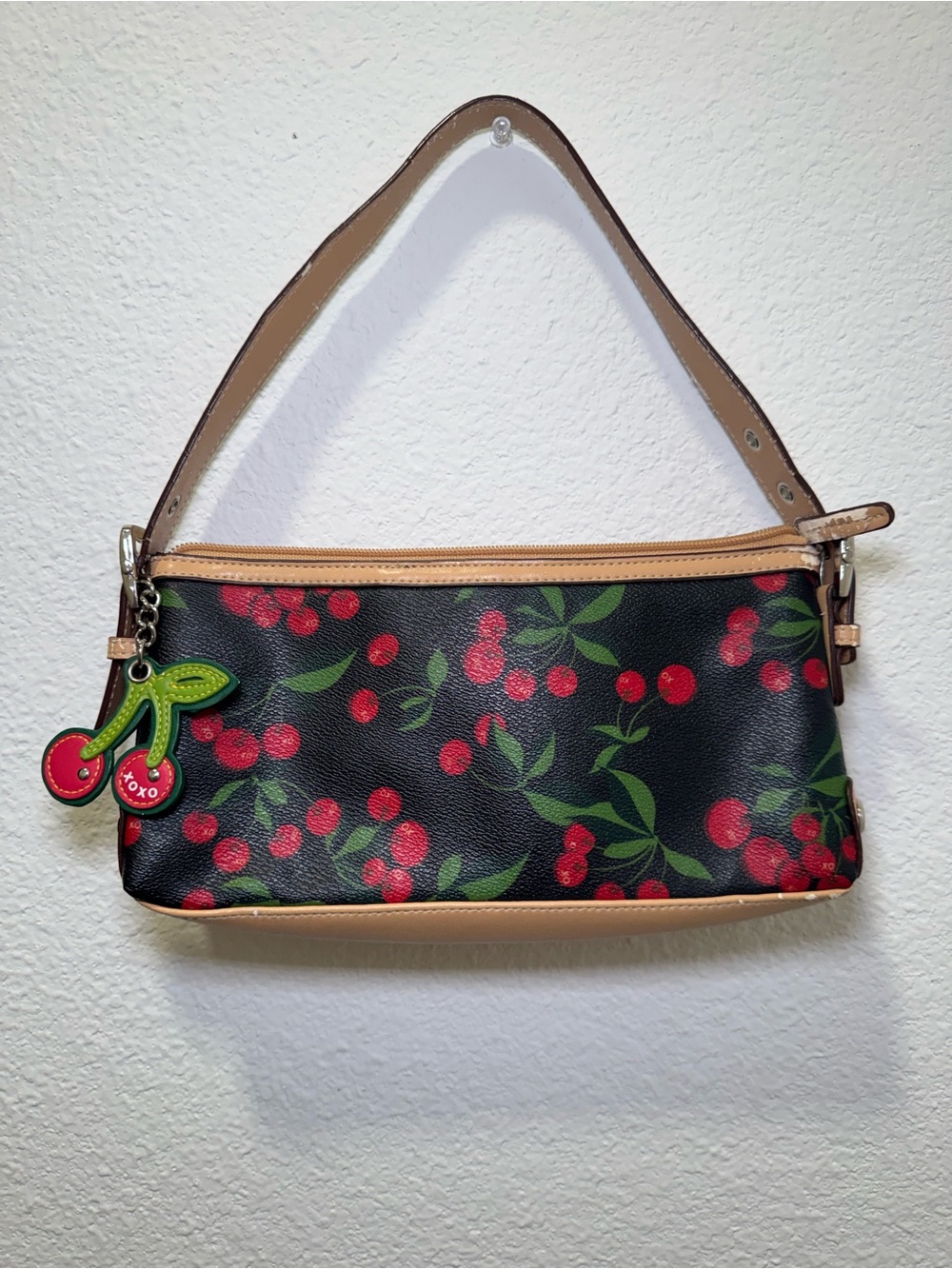 XOXO Black Cherry Print Shoulder Bag with Tan Trim